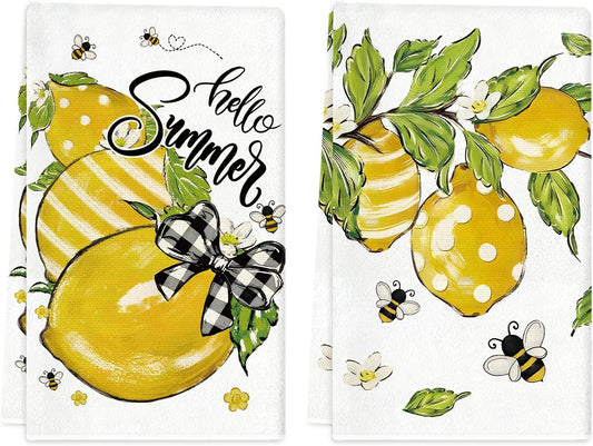 Summer Kitchen Towels 18x26 Inch Set of 2 Yellow Lemon Bee Polka Dots Stripes Dish Towels Farmhouse Seasonal Holiday Decorative Hand Cloth for Kitchen Bathroom Decorations