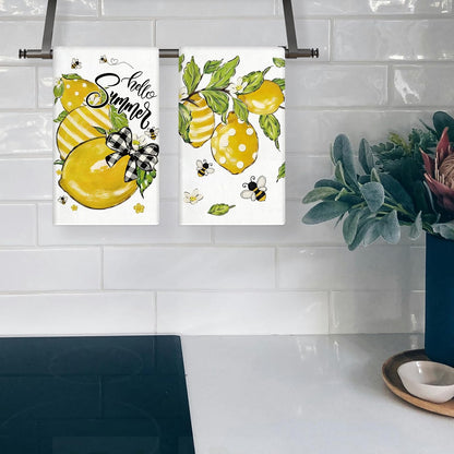 Summer Kitchen Towels 18x26 Inch Set of 2 Yellow Lemon Bee Polka Dots Stripes Dish Towels Farmhouse Seasonal Holiday Decorative Hand Cloth for Kitchen Bathroom Decorations