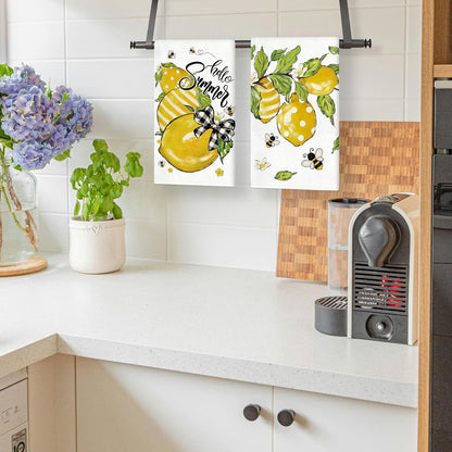 Summer Kitchen Towels 18x26 Inch Set of 2 Yellow Lemon Bee Polka Dots Stripes Dish Towels Farmhouse Seasonal Holiday Decorative Hand Cloth for Kitchen Bathroom Decorations