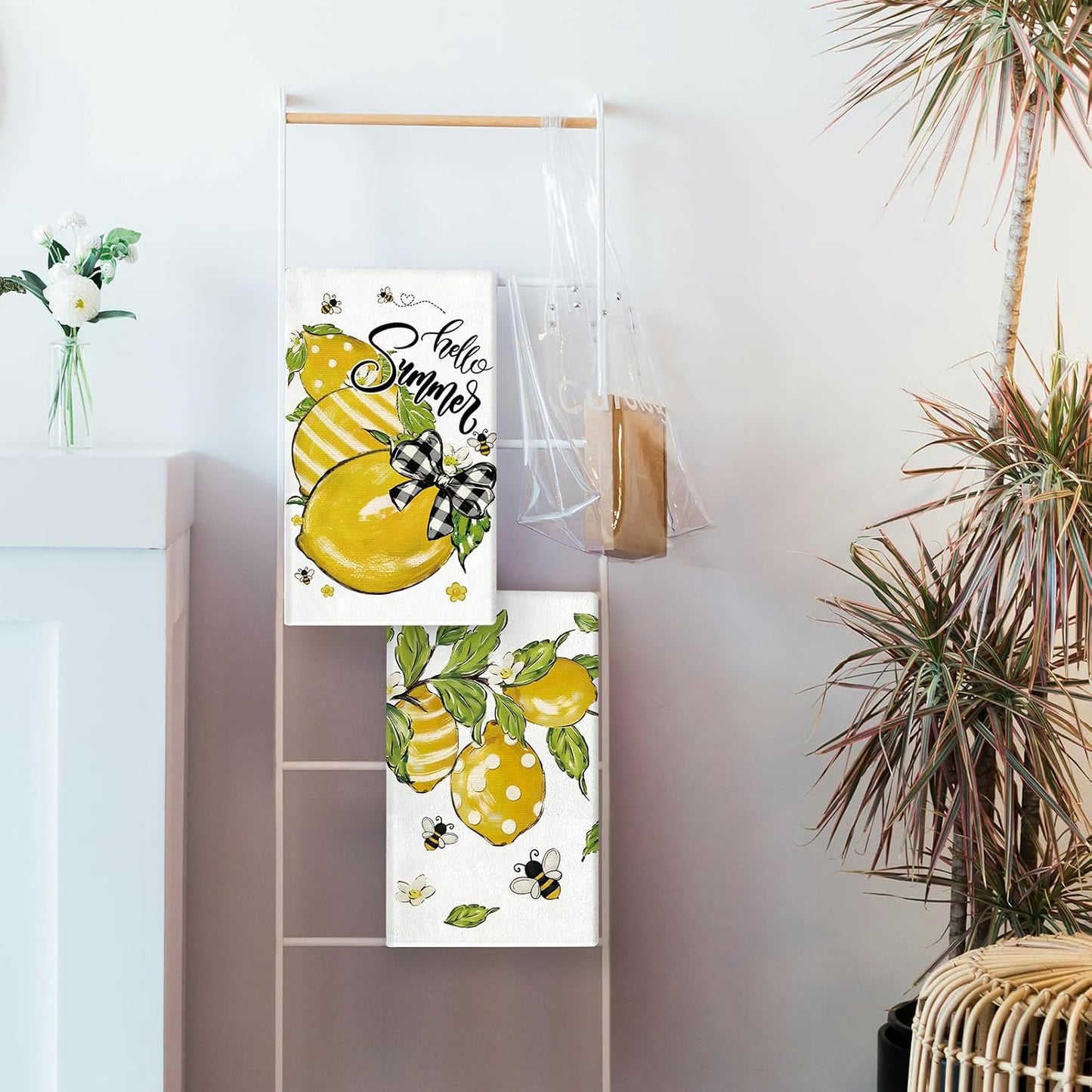 Summer Kitchen Towels 18x26 Inch Set of 2 Yellow Lemon Bee Polka Dots Stripes Dish Towels Farmhouse Seasonal Holiday Decorative Hand Cloth for Kitchen Bathroom Decorations