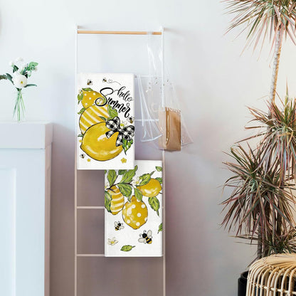 Summer Kitchen Towels 18x26 Inch Set of 2 Yellow Lemon Bee Polka Dots Stripes Dish Towels Farmhouse Seasonal Holiday Decorative Hand Cloth for Kitchen Bathroom Decorations