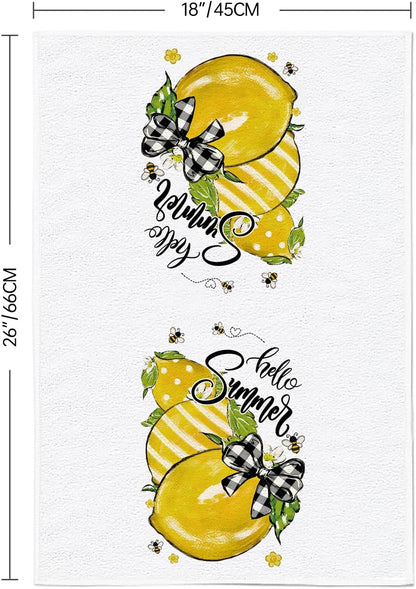 Summer Kitchen Towels 18x26 Inch Set of 2 Yellow Lemon Bee Polka Dots Stripes Dish Towels Farmhouse Seasonal Holiday Decorative Hand Cloth for Kitchen Bathroom Decorations