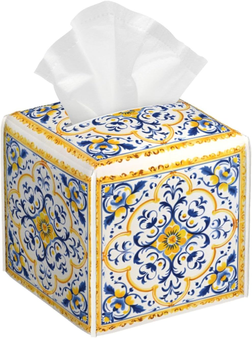 Yellow Blue Ceramic Tile Pattern Tissue Box Cover Square PU Leather Waterproof Tissue Box Holder for Car Bathroom Bedroom Office Tabletop Decor