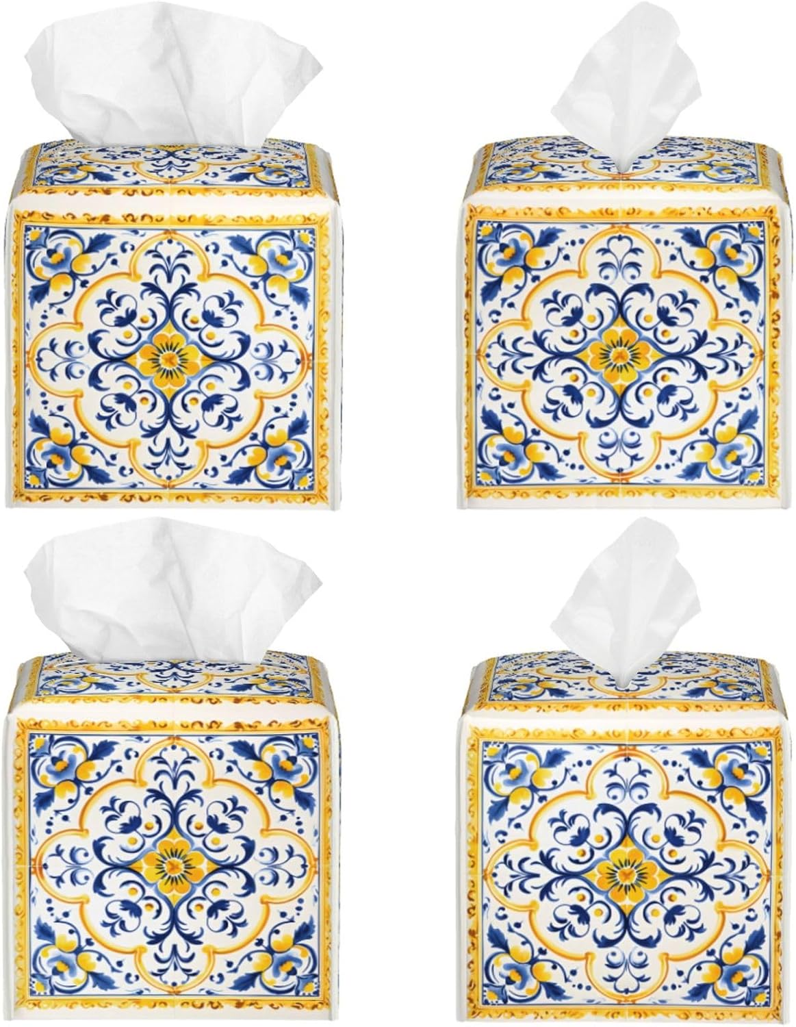 Yellow Blue Ceramic Tile Pattern Tissue Box Cover Square PU Leather Waterproof Tissue Box Holder for Car Bathroom Bedroom Office Tabletop Decor