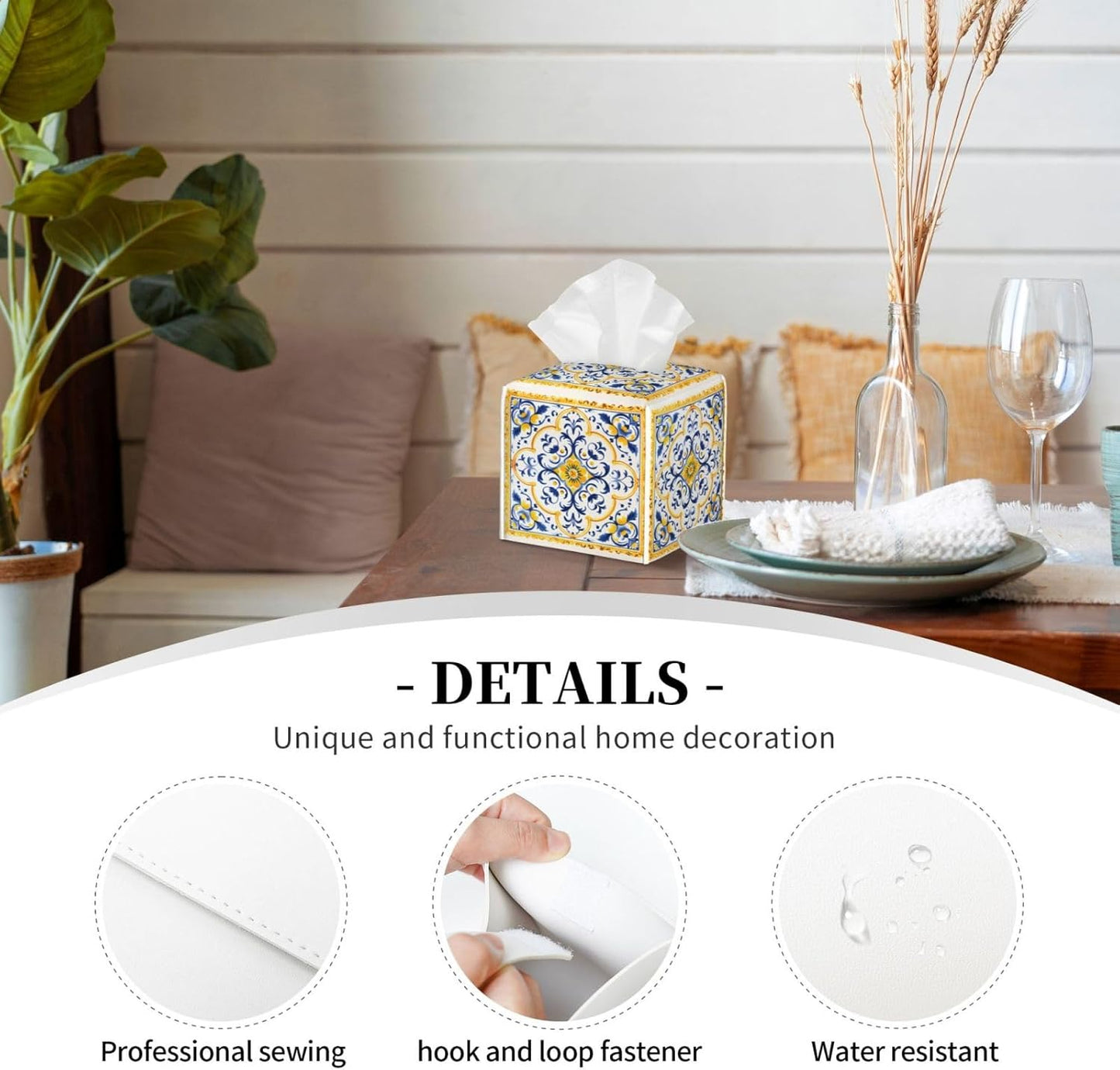 Yellow Blue Ceramic Tile Pattern Tissue Box Cover Square PU Leather Waterproof Tissue Box Holder for Car Bathroom Bedroom Office Tabletop Decor