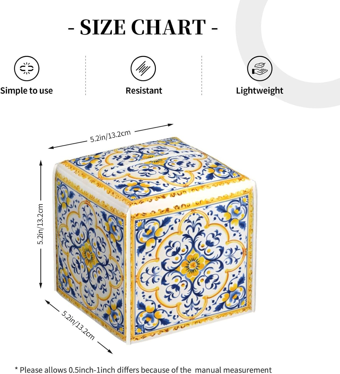 Yellow Blue Ceramic Tile Pattern Tissue Box Cover Square PU Leather Waterproof Tissue Box Holder for Car Bathroom Bedroom Office Tabletop Decor