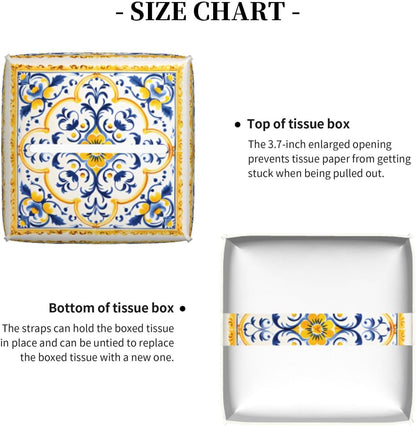 Yellow Blue Ceramic Tile Pattern Tissue Box Cover Square PU Leather Waterproof Tissue Box Holder for Car Bathroom Bedroom Office Tabletop Decor