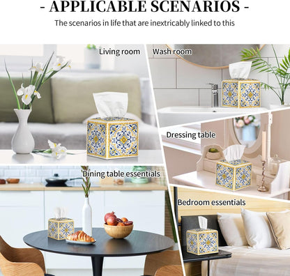 Yellow Blue Ceramic Tile Pattern Tissue Box Cover Square PU Leather Waterproof Tissue Box Holder for Car Bathroom Bedroom Office Tabletop Decor