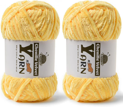 Chenille Crochet Light Yellow Yarn 2 Pack | Fluffy Velvet Yarn Blanket Knitting Yarn for Crocheting Soft Baby Yarn