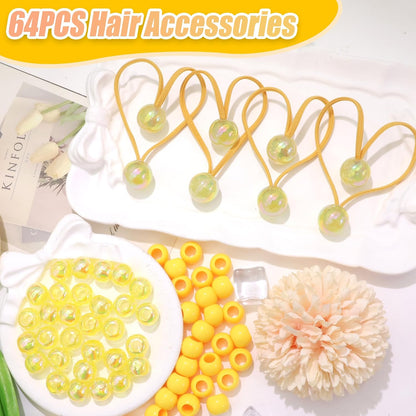 64PCS Yellow Braids Beads Cute Ball Hair Ties Pony Beads Dreadlock Beads Ponytail Holders Loc Jewelry Hair Accessories for Kids Girls Braids