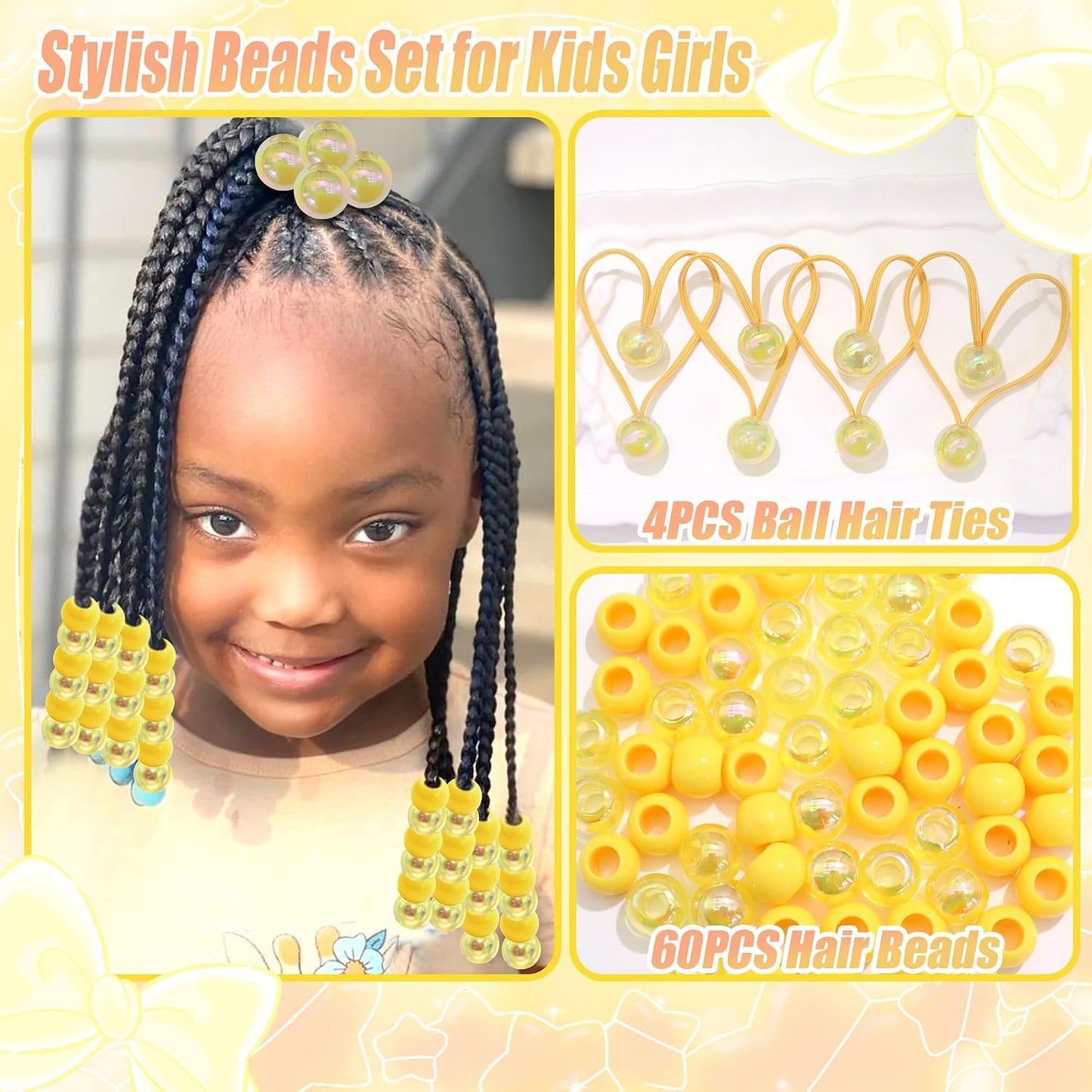 64PCS Yellow Braids Beads Cute Ball Hair Ties Pony Beads Dreadlock Beads Ponytail Holders Loc Jewelry Hair Accessories for Kids Girls Braids
