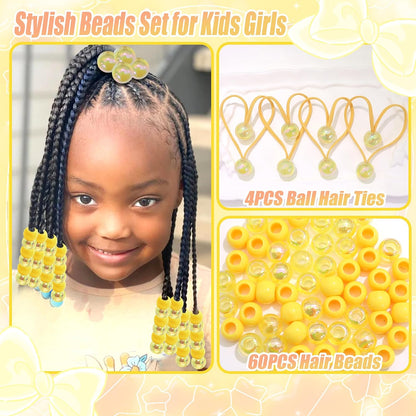 64PCS Yellow Braids Beads Cute Ball Hair Ties Pony Beads Dreadlock Beads Ponytail Holders Loc Jewelry Hair Accessories for Kids Girls Braids