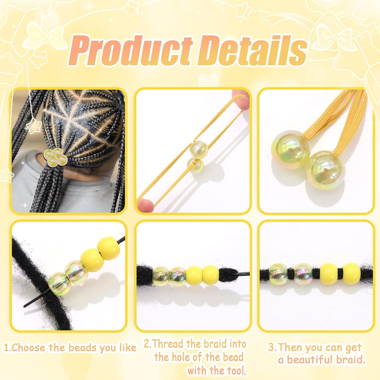 64PCS Yellow Braids Beads Cute Ball Hair Ties Pony Beads Dreadlock Beads Ponytail Holders Loc Jewelry Hair Accessories for Kids Girls Braids