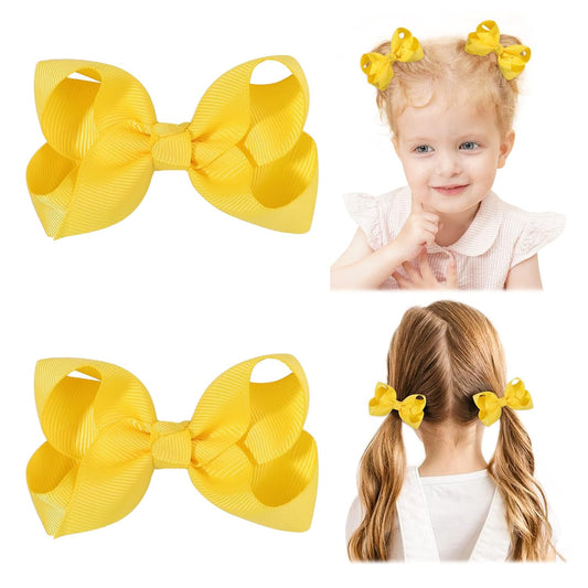 2 PCS 3" Hair Bows for Girls Alligator Clips Grosgrain Ribbon Solid Color Hair Accessories for Little Teen Toddler Girls Kids-Yellow