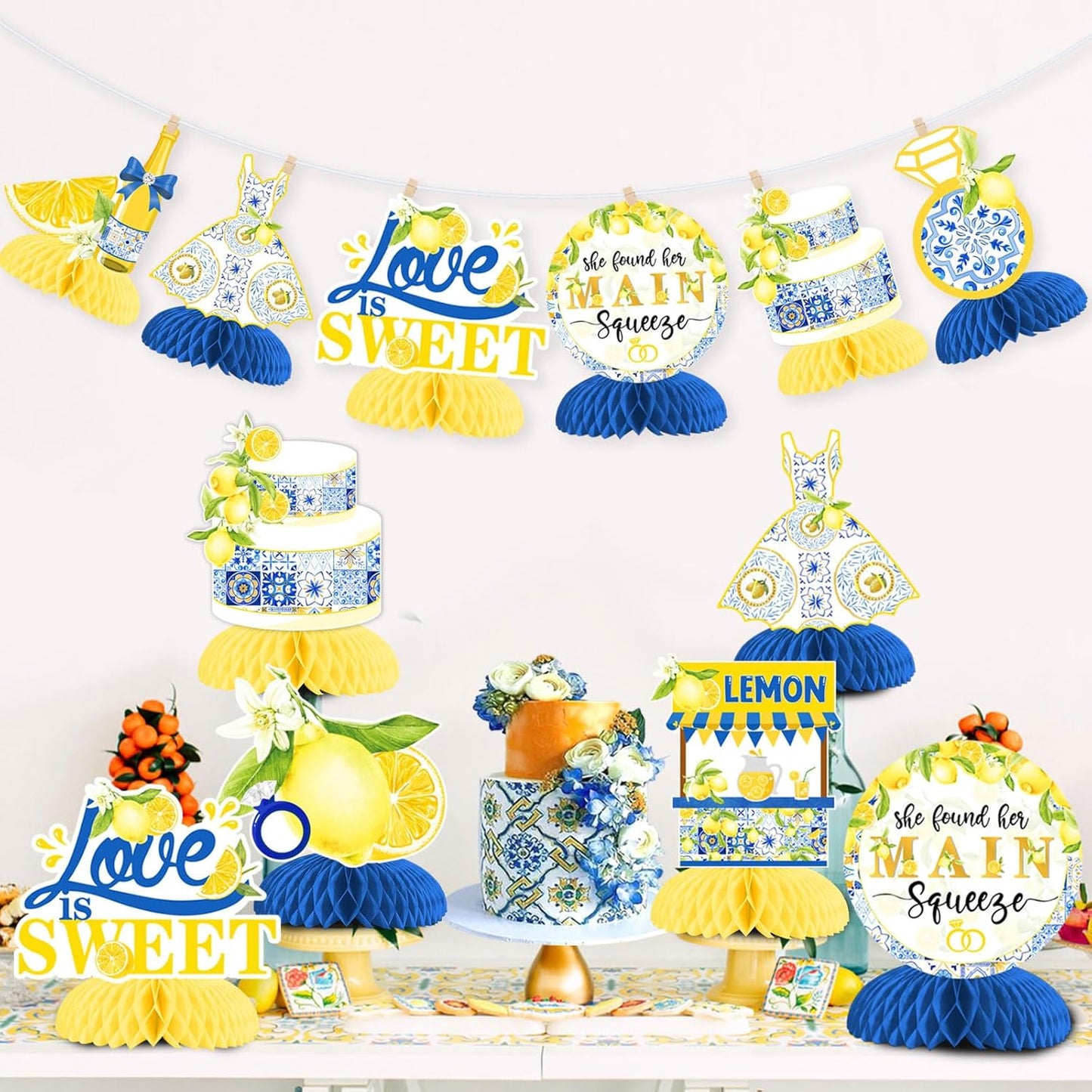She Found Her Main Squeeze Bridal Shower Table Honeycomb Centerpiece 8pcs | Lemon Bridal Shower Centerpiece Table Decorations, Blue for Lemon Fruit Bridal Shower Wedding Engagement Bachelorette Party