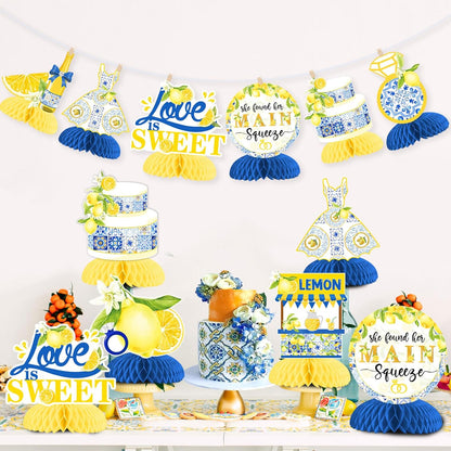 She Found Her Main Squeeze Bridal Shower Table Honeycomb Centerpiece 8pcs | Lemon Bridal Shower Centerpiece Table Decorations, Blue for Lemon Fruit Bridal Shower Wedding Engagement Bachelorette Party