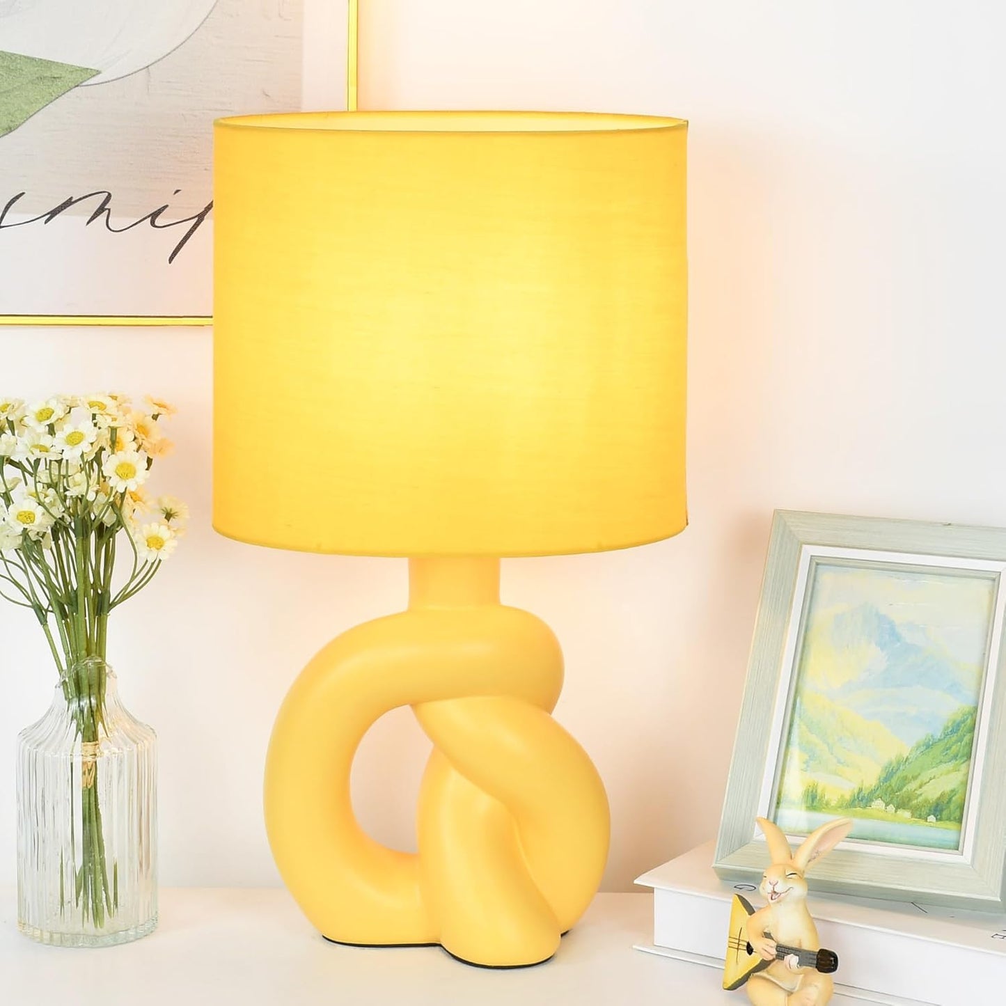 Luxe Yellow Ceramic Table Lamp for Living Room as Bedside Table Lamp for Bedroom,Modern Kids Night Table Light,8.86×6.3×H15.94IN,Bulb Excluded