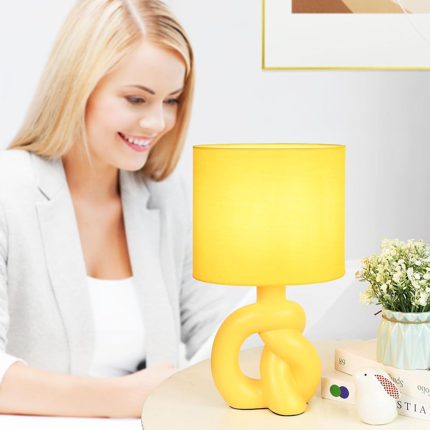 Luxe Yellow Ceramic Table Lamp for Living Room as Bedside Table Lamp for Bedroom,Modern Kids Night Table Light,8.86×6.3×H15.94IN,Bulb Excluded