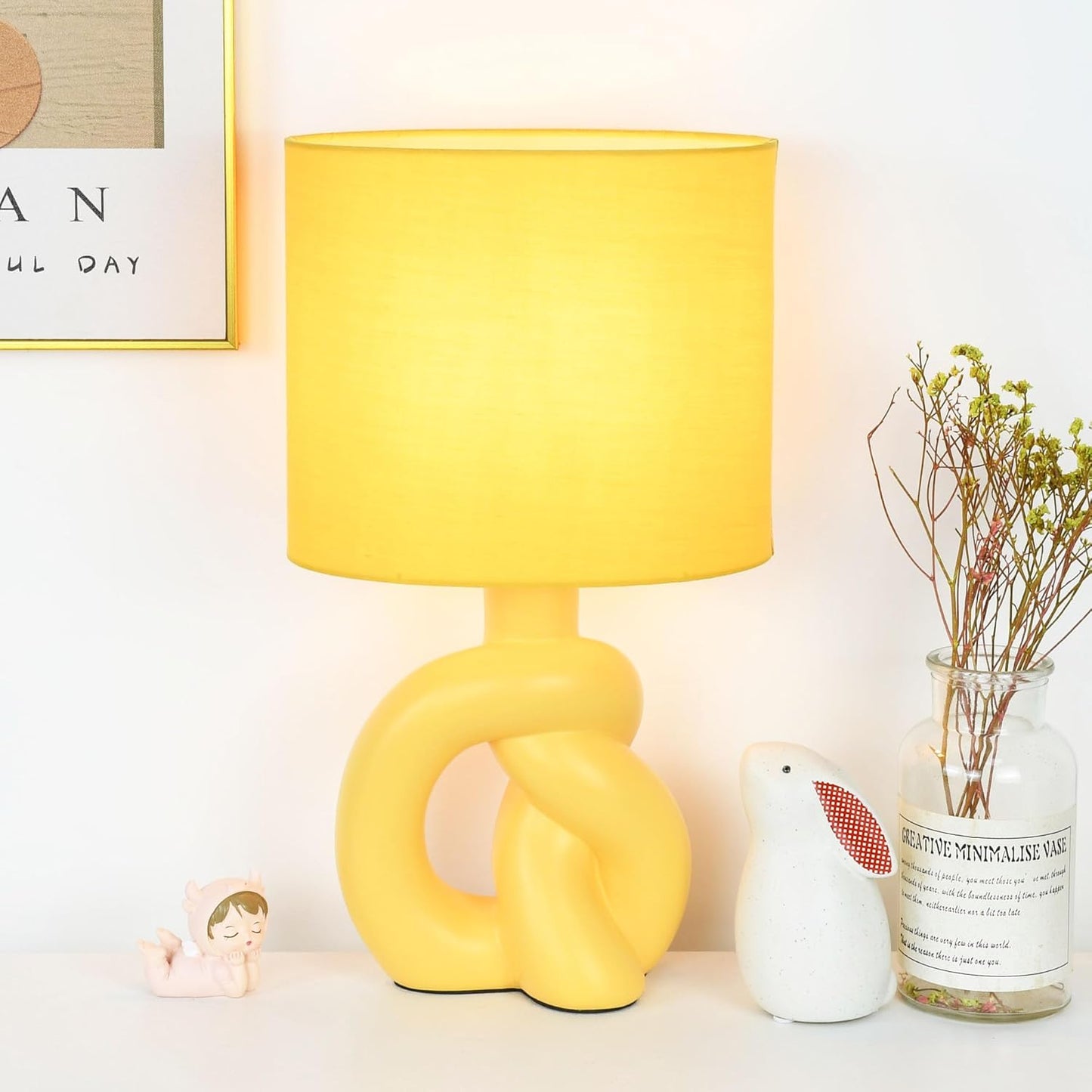 Luxe Yellow Ceramic Table Lamp for Living Room as Bedside Table Lamp for Bedroom,Modern Kids Night Table Light,8.86×6.3×H15.94IN,Bulb Excluded