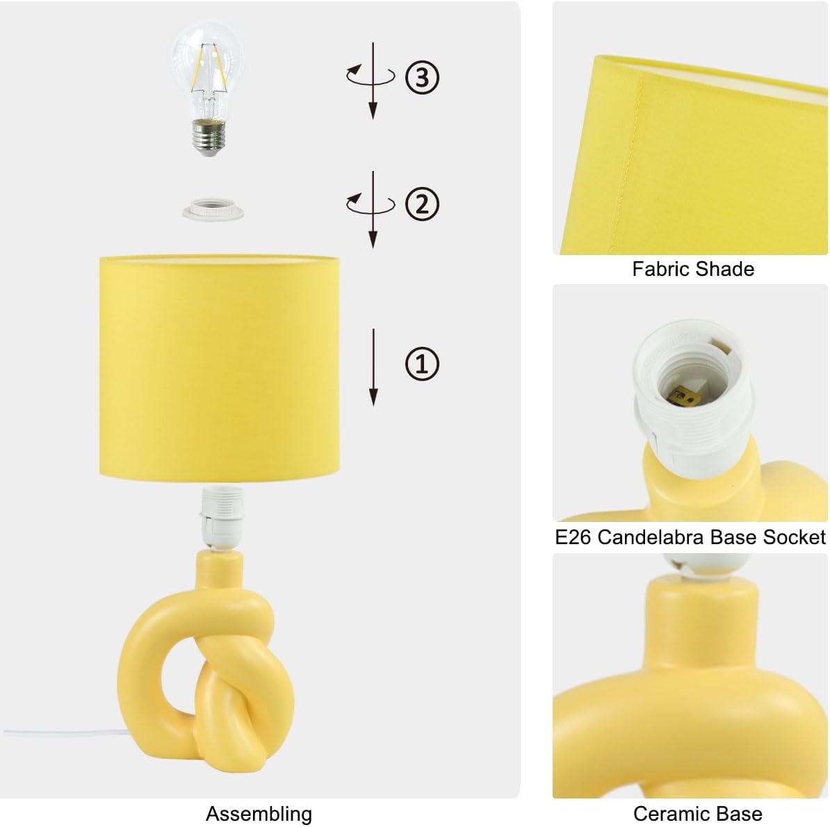Luxe Yellow Ceramic Table Lamp for Living Room as Bedside Table Lamp for Bedroom,Modern Kids Night Table Light,8.86×6.3×H15.94IN,Bulb Excluded