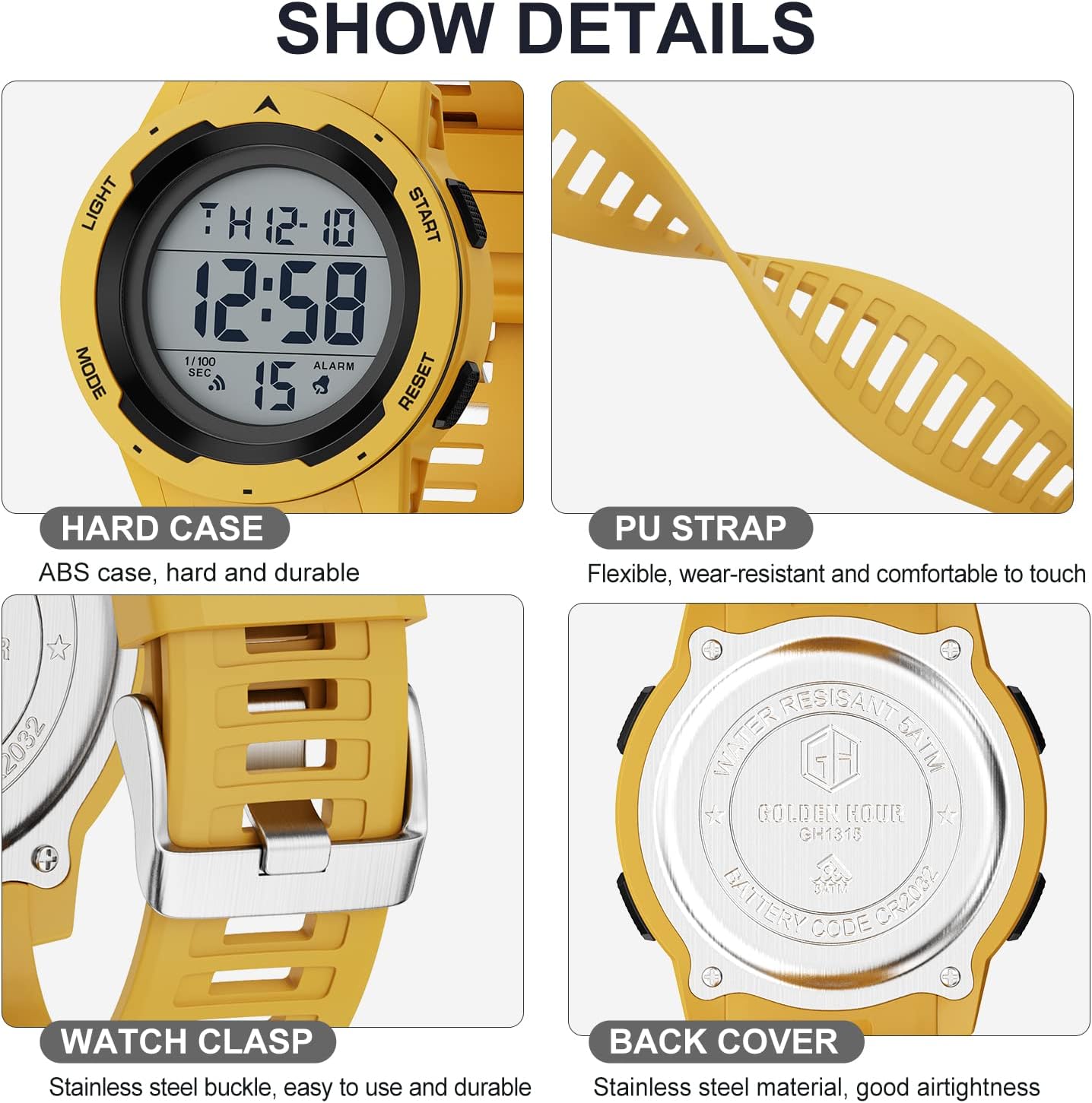 Mens Waterproof Digital Sport Watches Wide Screen Easy Read Display Military Style with Rubber Strap