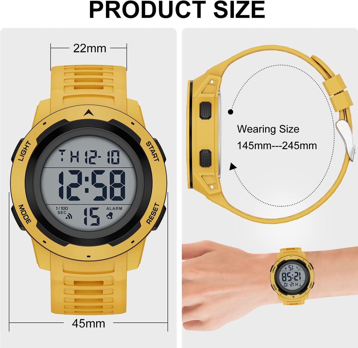 Mens Waterproof Digital Sport Watches Wide Screen Easy Read Display Military Style with Rubber Strap