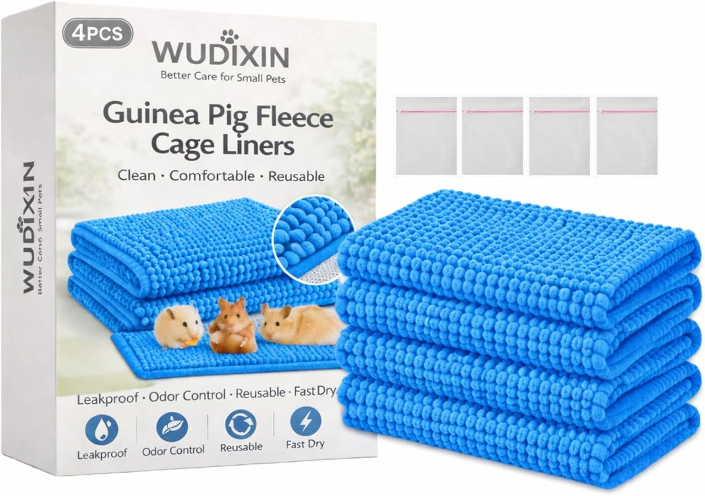 4PCS Guinea Pig Fleece Cage Liners with Laundry Bag, 11.81" × 19.68" Reusable Fleece Bedding for Guinea Pig Cage, Absorbent & Washable Fleece Liners, Soft Non-Slip Small Animal Cage Liner (Yellow)