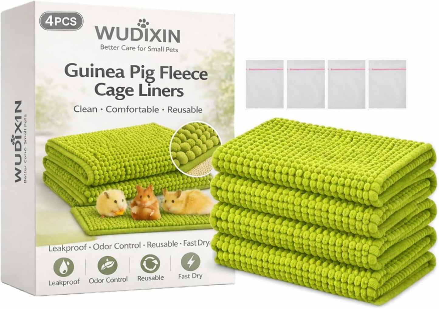 4PCS Guinea Pig Fleece Cage Liners with Laundry Bag, 11.81" × 19.68" Reusable Fleece Bedding for Guinea Pig Cage, Absorbent & Washable Fleece Liners, Soft Non-Slip Small Animal Cage Liner (Yellow)