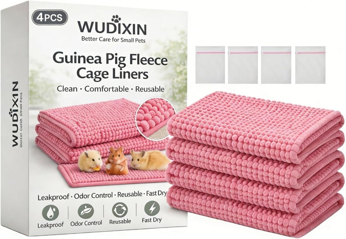 4PCS Guinea Pig Fleece Cage Liners with Laundry Bag, 11.81" × 19.68" Reusable Fleece Bedding for Guinea Pig Cage, Absorbent & Washable Fleece Liners, Soft Non-Slip Small Animal Cage Liner (Yellow)