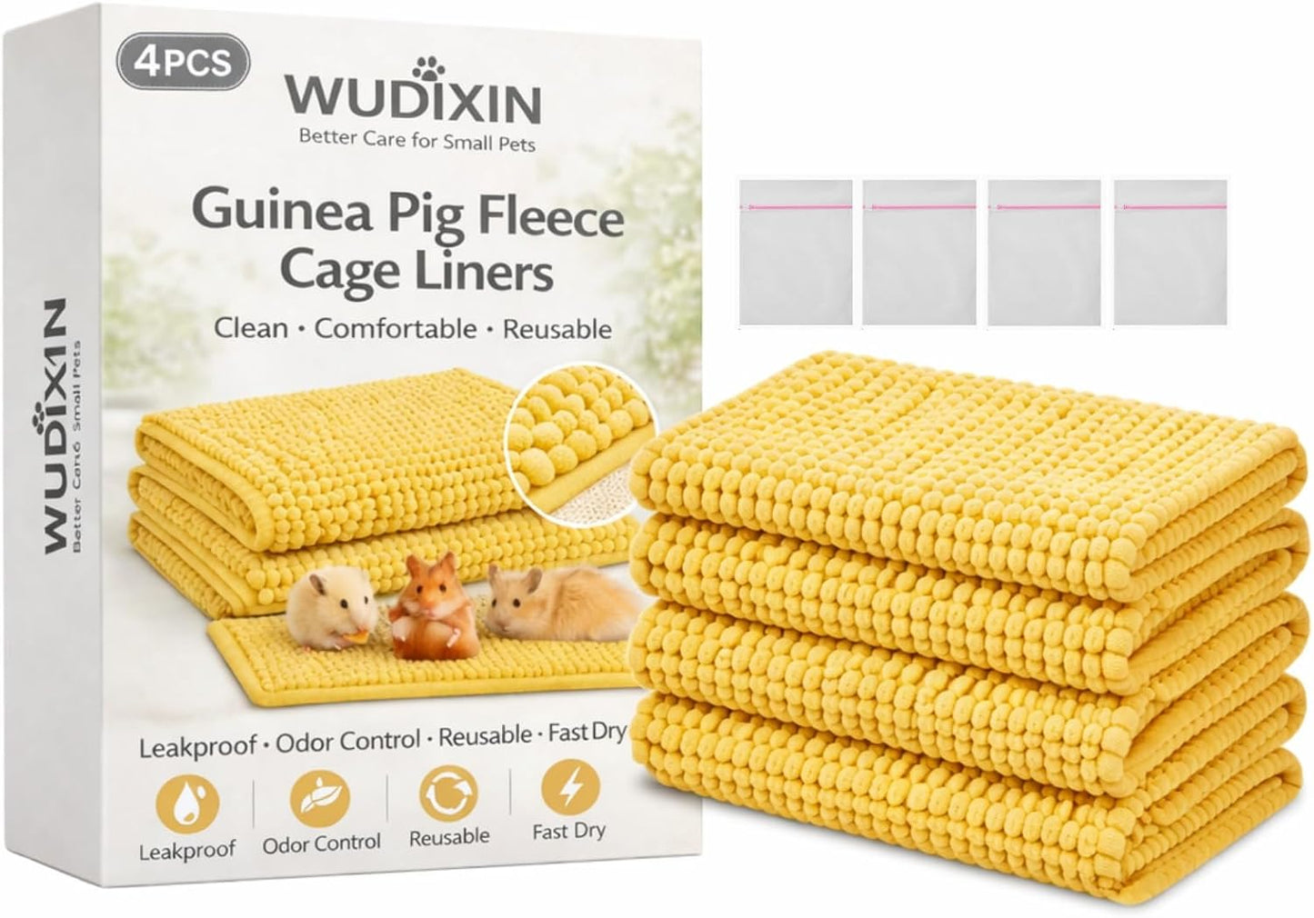 4PCS Guinea Pig Fleece Cage Liners with Laundry Bag, 11.81" × 19.68" Reusable Fleece Bedding for Guinea Pig Cage, Absorbent & Washable Fleece Liners, Soft Non-Slip Small Animal Cage Liner (Yellow)