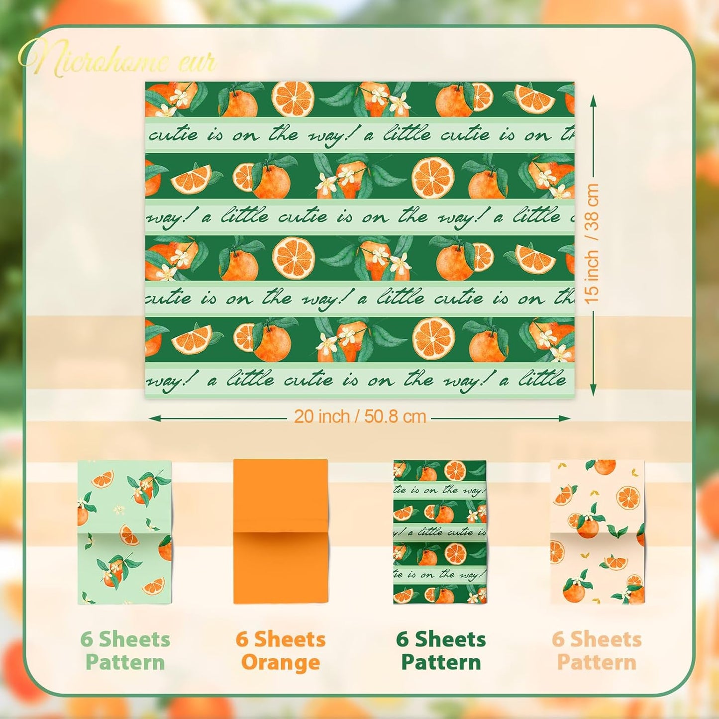 Little Cutie Baby Shower Decoration Tissue Paper for Gift Bag | 24 Sheets Orange Green Citrus print Gift Tissue Wrapping Paper for Birthday, Summer Party, Fruit Party Craft Wrapping