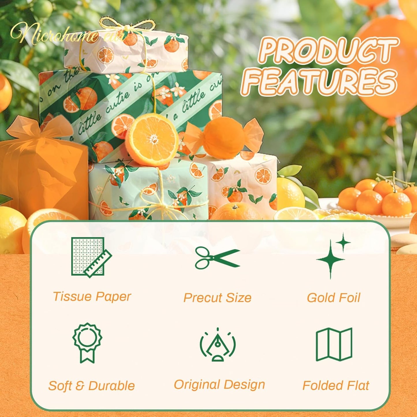 Little Cutie Baby Shower Decoration Tissue Paper for Gift Bag | 24 Sheets Orange Green Citrus print Gift Tissue Wrapping Paper for Birthday, Summer Party, Fruit Party Craft Wrapping
