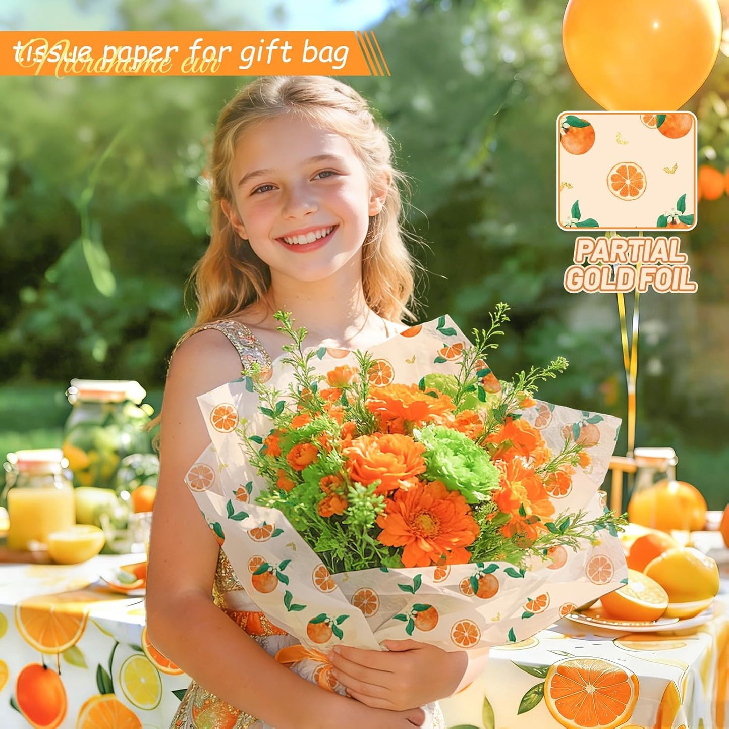 Little Cutie Baby Shower Decoration Tissue Paper for Gift Bag | 24 Sheets Orange Green Citrus print Gift Tissue Wrapping Paper for Birthday, Summer Party, Fruit Party Craft Wrapping