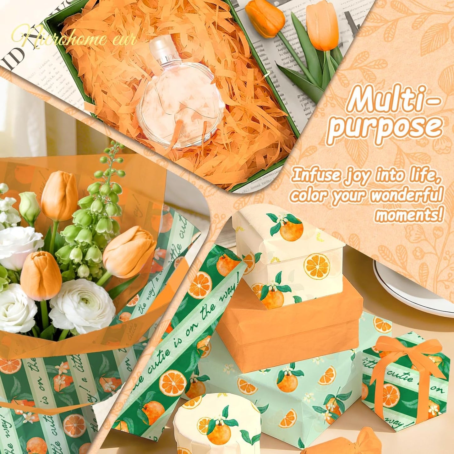 Little Cutie Baby Shower Decoration Tissue Paper for Gift Bag | 24 Sheets Orange Green Citrus print Gift Tissue Wrapping Paper for Birthday, Summer Party, Fruit Party Craft Wrapping