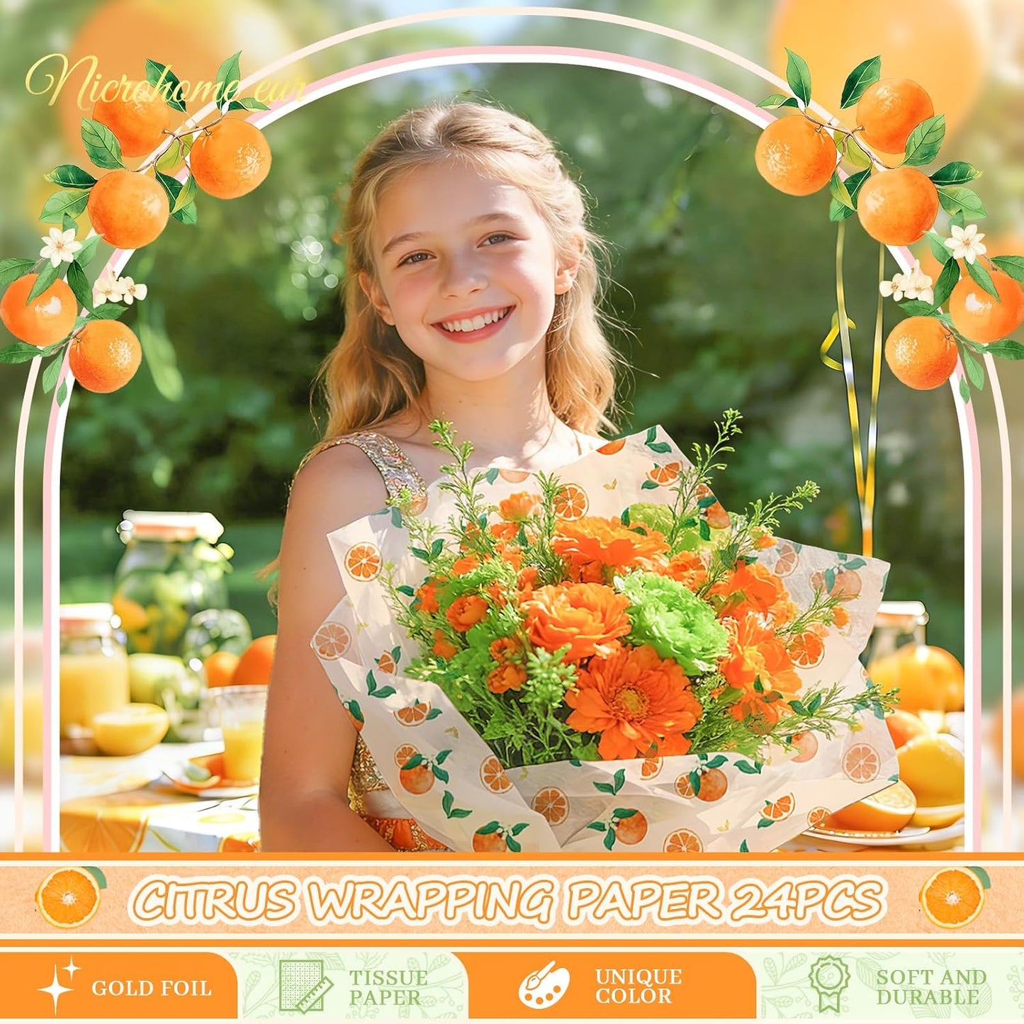 Little Cutie Baby Shower Decoration Tissue Paper for Gift Bag | 24 Sheets Orange Green Citrus print Gift Tissue Wrapping Paper for Birthday, Summer Party, Fruit Party Craft Wrapping
