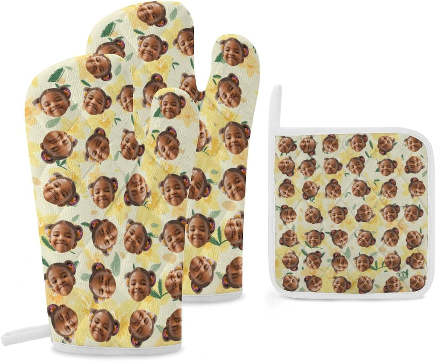 Personalized Light Yellow Floral Oven Mitts, Custom Oven Mitts and Pot Holders Sets, Kitchen Deco, Baking,Cooking as Gifts for Women,Friend,Family