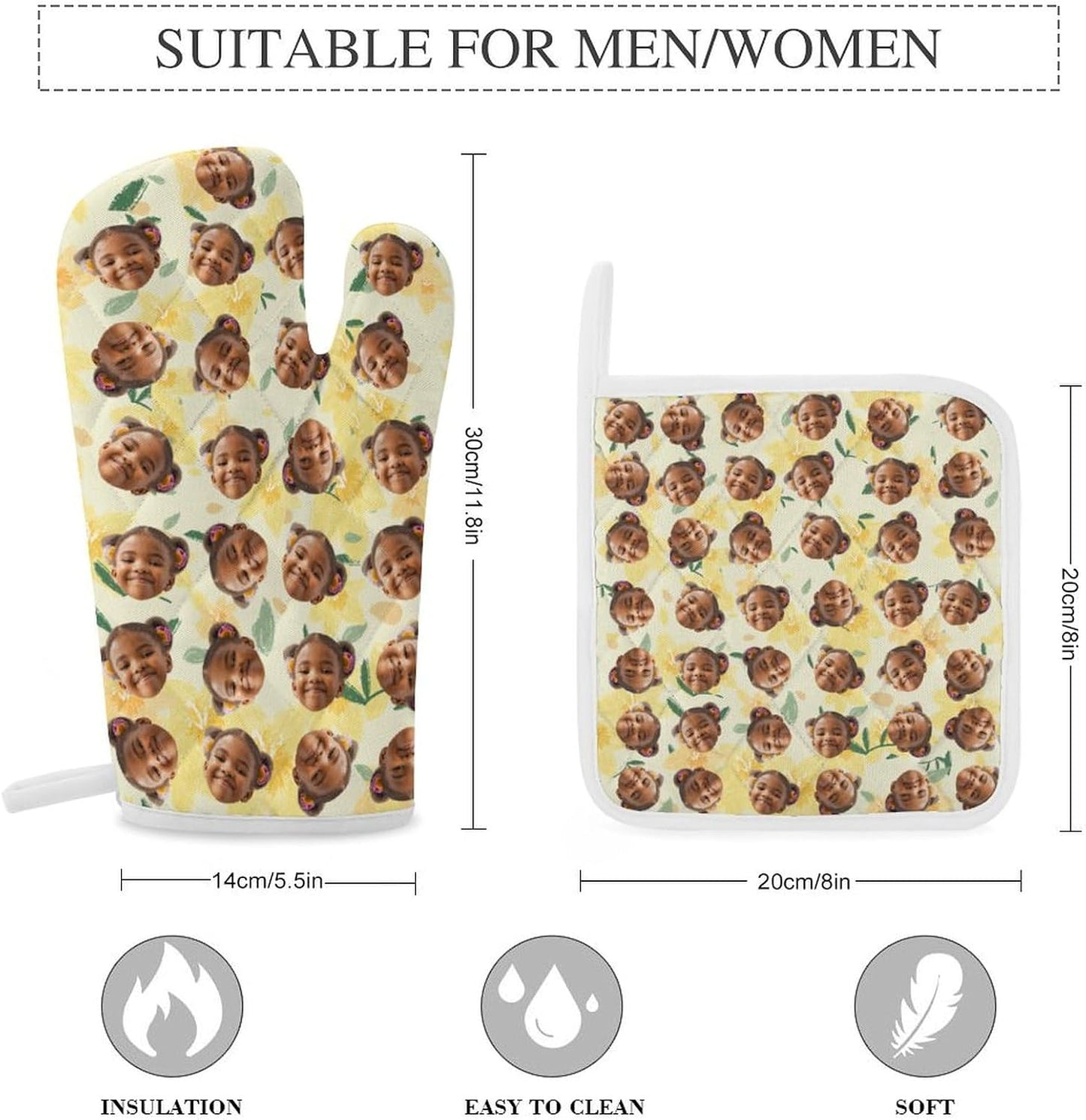 Personalized Light Yellow Floral Oven Mitts, Custom Oven Mitts and Pot Holders Sets, Kitchen Deco, Baking,Cooking as Gifts for Women,Friend,Family
