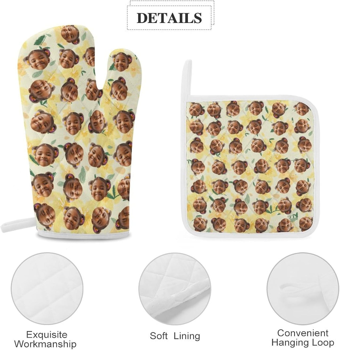 Personalized Light Yellow Floral Oven Mitts, Custom Oven Mitts and Pot Holders Sets, Kitchen Deco, Baking,Cooking as Gifts for Women,Friend,Family