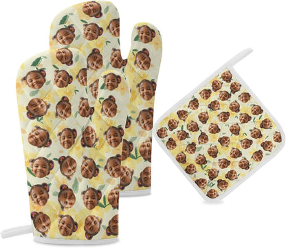 Personalized Light Yellow Floral Oven Mitts, Custom Oven Mitts and Pot Holders Sets, Kitchen Deco, Baking,Cooking as Gifts for Women,Friend,Family