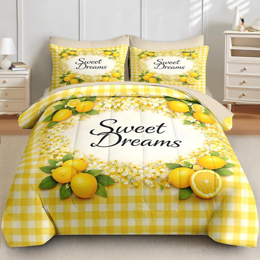5 Pcs Comforter Set Twin Size, Lemon Yellow Floral Bedding for Kids and Adults, Farmhouse Checkered Bed Sheet Sets with Fitted Sheet Pillowcase & Sham for Bedroom Bed Decor