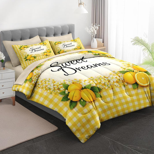 5 Pcs Comforter Set Twin Size, Lemon Yellow Floral Bedding for Kids and Adults, Farmhouse Checkered Bed Sheet Sets with Fitted Sheet Pillowcase & Sham for Bedroom Bed Decor