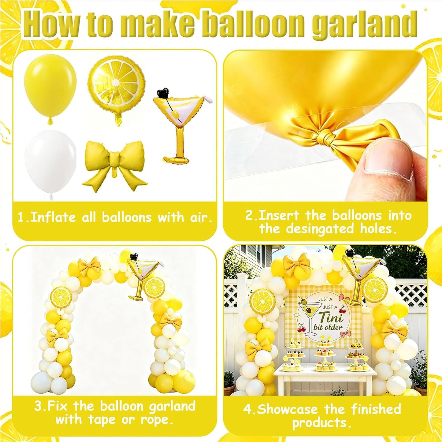 Lemon Party Decorations Include White and Yellow Blloon Arch Kit | Foil Lemon and Bow Balloons, Martini Balloons for A Tini Bit Older Birthday Decorations Party