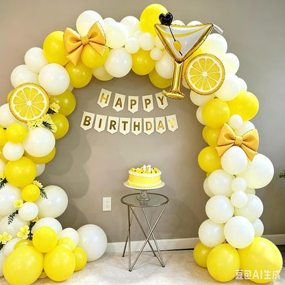 Lemon Party Decorations Include White and Yellow Blloon Arch Kit | Foil Lemon and Bow Balloons, Martini Balloons for A Tini Bit Older Birthday Decorations Party