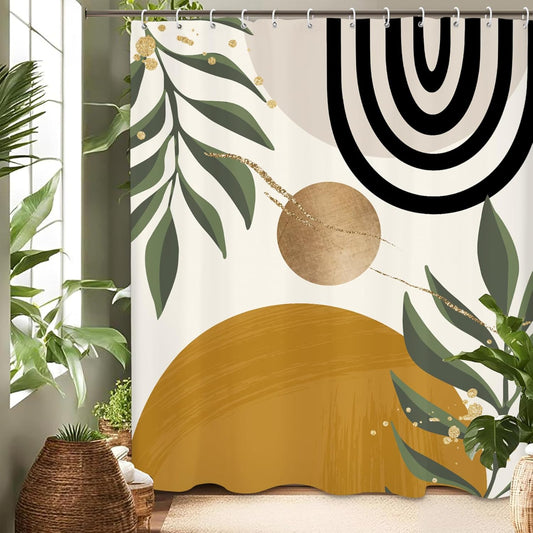 Abstract Mid Century Shower Curtain 60Wx71L, Minimalist Aesthetic Shower Curtains for Bathroom Decor, Modern Dark Yellow Geometric Leaves Shower Curtain Set Home Decor 12 Pack Hooks