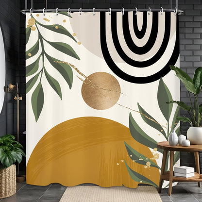 Abstract Mid Century Shower Curtain 60Wx71L, Minimalist Aesthetic Shower Curtains for Bathroom Decor, Modern Dark Yellow Geometric Leaves Shower Curtain Set Home Decor 12 Pack Hooks