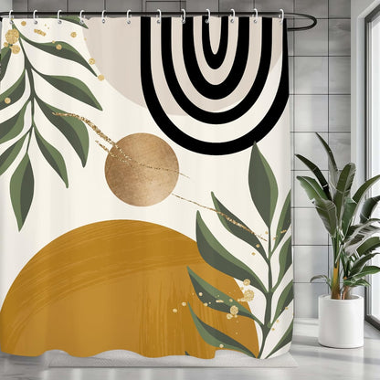 Abstract Mid Century Shower Curtain 60Wx71L, Minimalist Aesthetic Shower Curtains for Bathroom Decor, Modern Dark Yellow Geometric Leaves Shower Curtain Set Home Decor 12 Pack Hooks