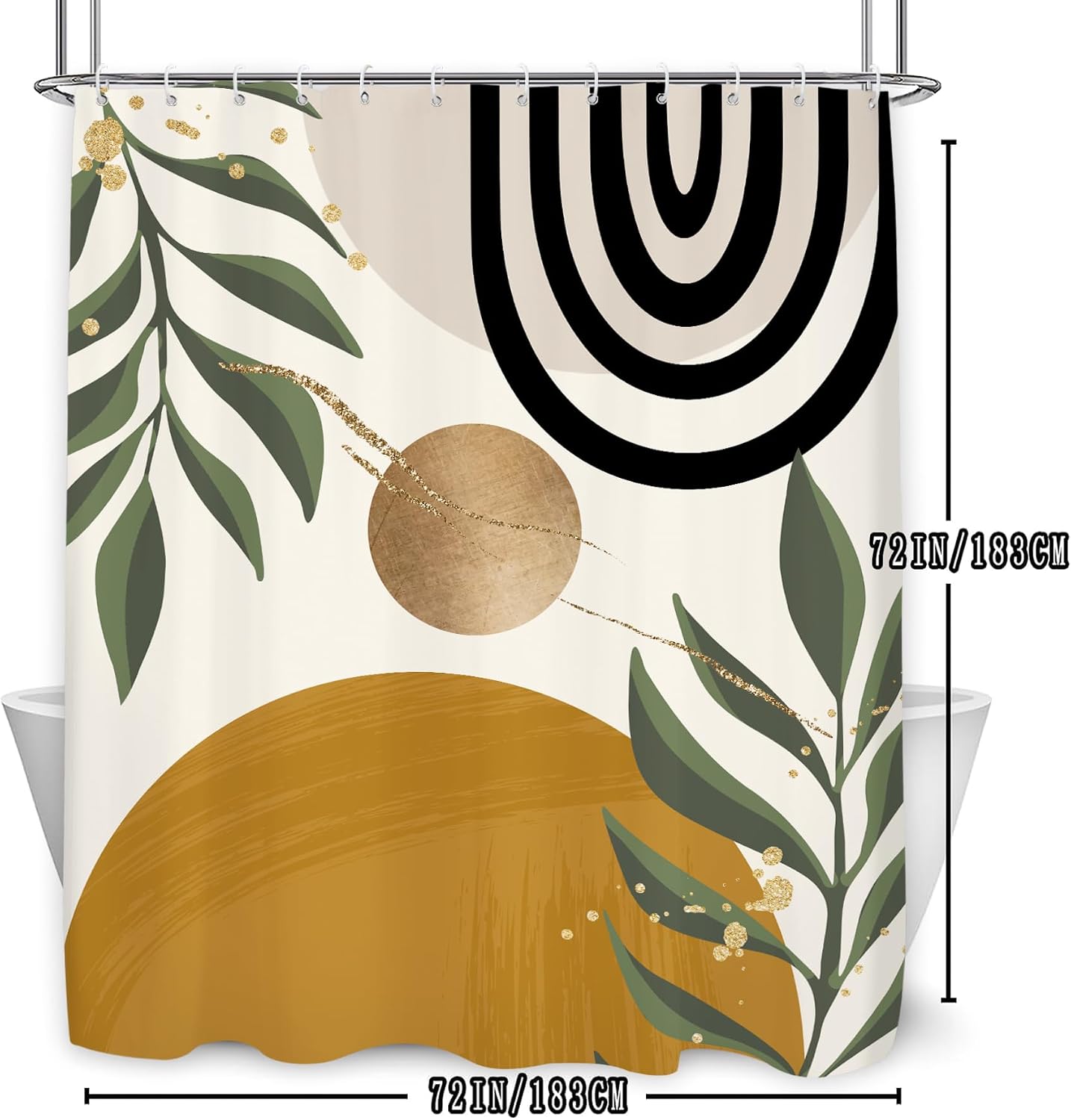 Abstract Mid Century Shower Curtain 60Wx71L, Minimalist Aesthetic Shower Curtains for Bathroom Decor, Modern Dark Yellow Geometric Leaves Shower Curtain Set Home Decor 12 Pack Hooks