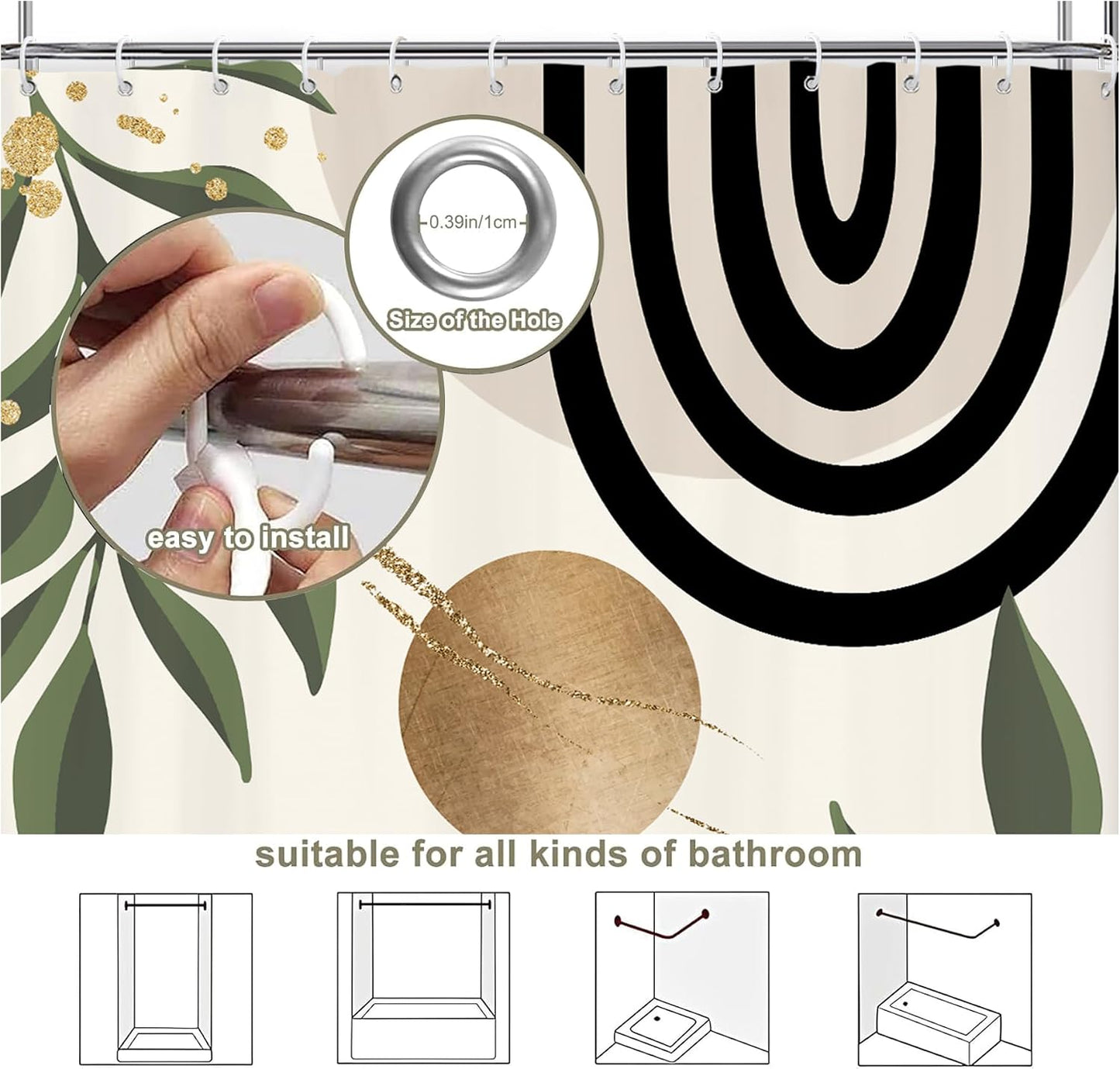 Abstract Mid Century Shower Curtain 60Wx71L, Minimalist Aesthetic Shower Curtains for Bathroom Decor, Modern Dark Yellow Geometric Leaves Shower Curtain Set Home Decor 12 Pack Hooks