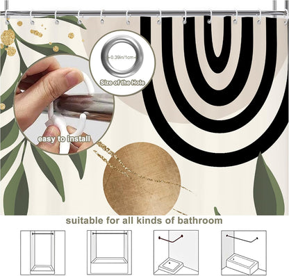 Abstract Mid Century Shower Curtain 60Wx71L, Minimalist Aesthetic Shower Curtains for Bathroom Decor, Modern Dark Yellow Geometric Leaves Shower Curtain Set Home Decor 12 Pack Hooks