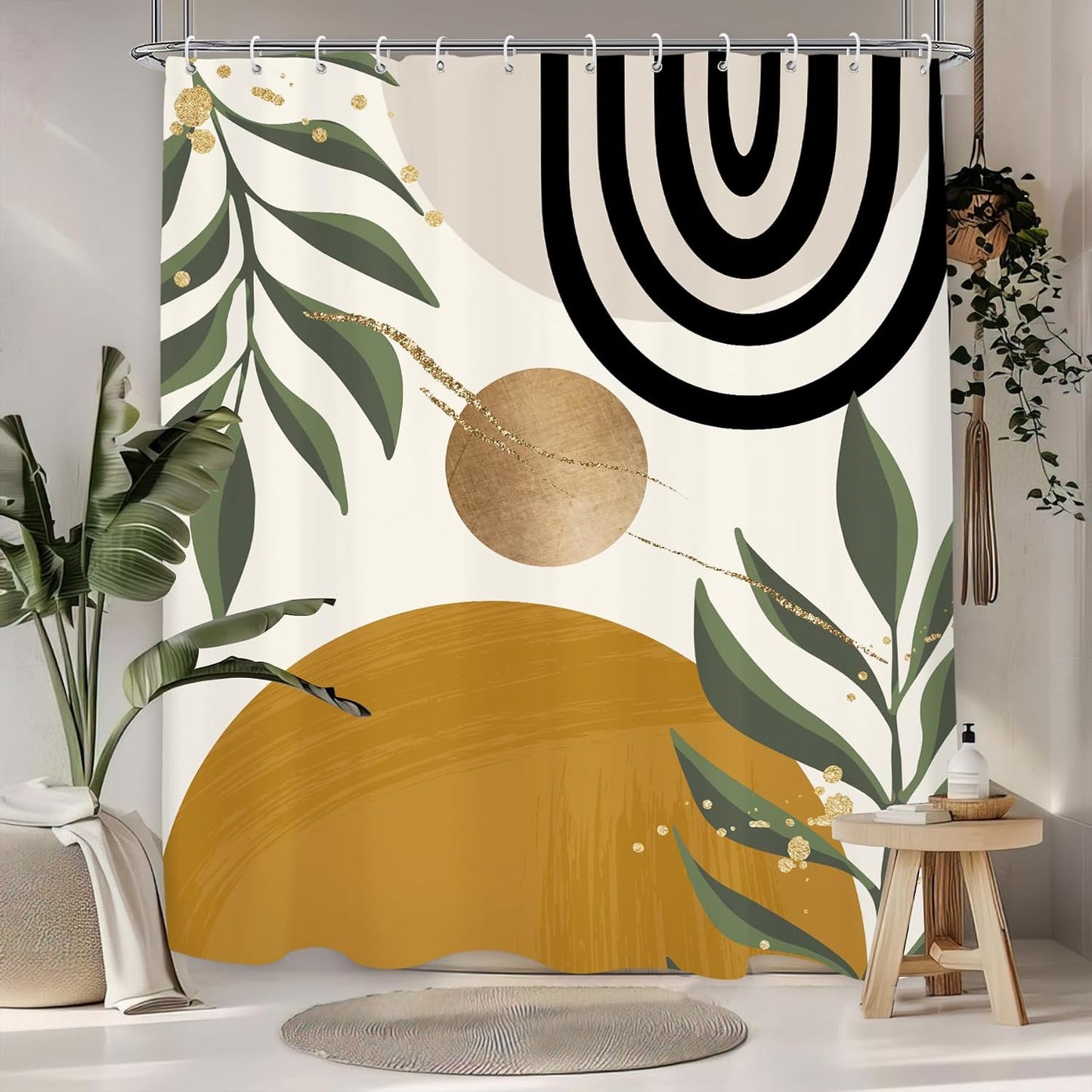 Abstract Mid Century Shower Curtain 60Wx71L, Minimalist Aesthetic Shower Curtains for Bathroom Decor, Modern Dark Yellow Geometric Leaves Shower Curtain Set Home Decor 12 Pack Hooks